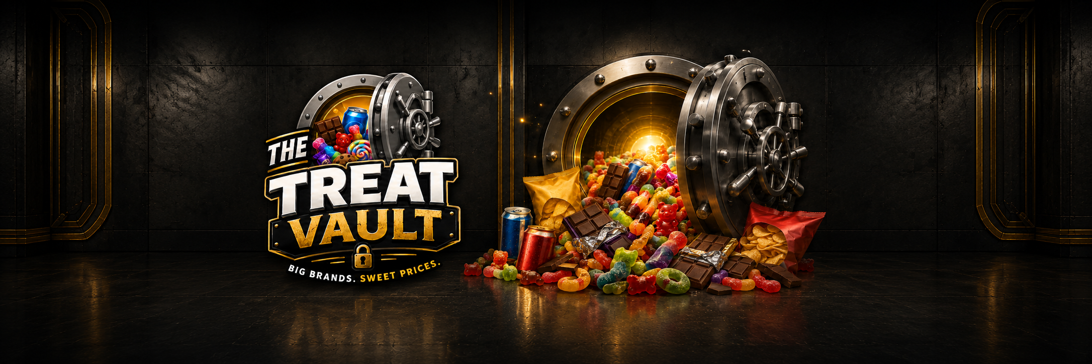 Promotional graphic for 'The Treat Vault' featuring a large open vault overflowing with colorful candies, gummy bears, and sweet treats on a dark, moody background with gold accents.